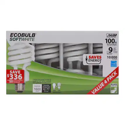 ECOBULB SOFTWHITE
SAVE $336 IN ENERGY COSTS PER PACK
$8.44 PER BULB
100W REPLACEMENT
USES ONLY 23 WATTS
LASTS 9 YEARS*
10,000 LIFE HOURS
Brightness: 1600 lumens
Estimated Energy Cost per year: $2.77
VALUE 4 PACK
RoHS COMPLIANT
FEIT Electric
ENERGY STAR
NON-DIMMABLE