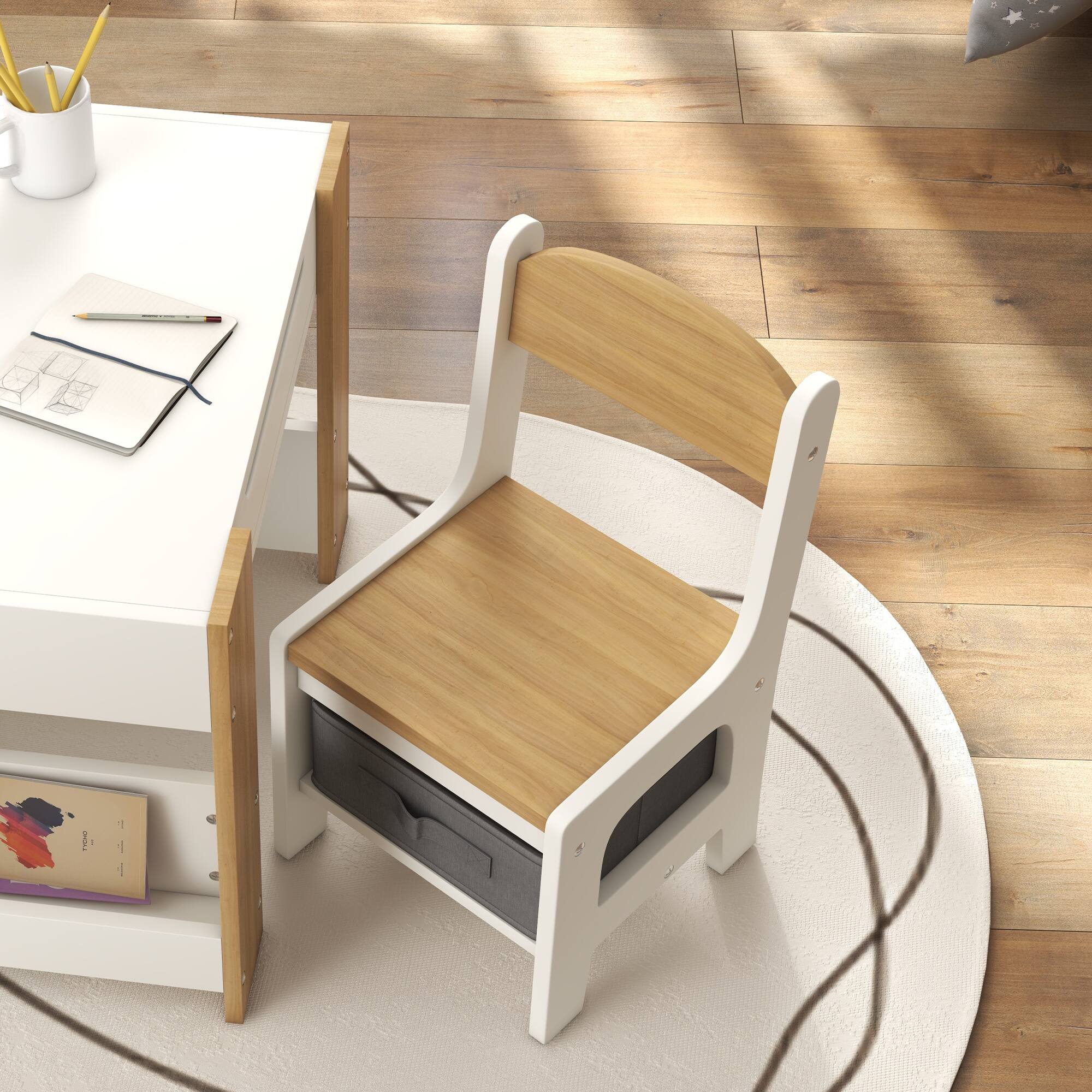 Alt View 5. Qaba - 3 Piece Kids Table and Chair Set, 3 in 1 Toddler Wooden Activity Table with Reversible Tabletop Blackboard, Storage - Natural Wood.