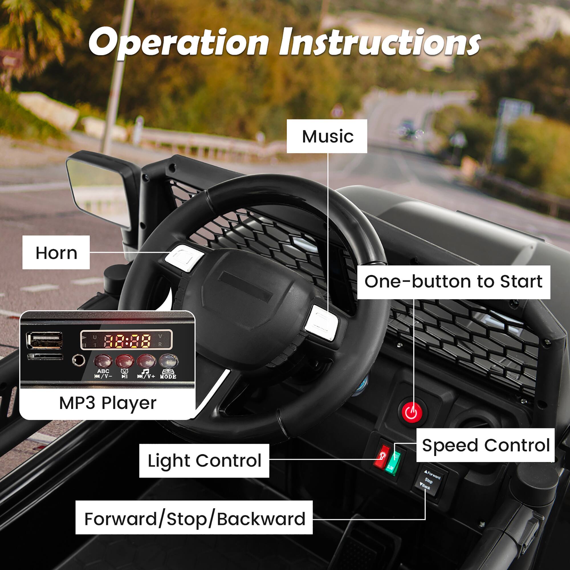 Operation Instructions

- Horn
- Music
- One-button to Start
- MP3 Player
- Light Control
- Speed Control
- Forward/Stop/Backward