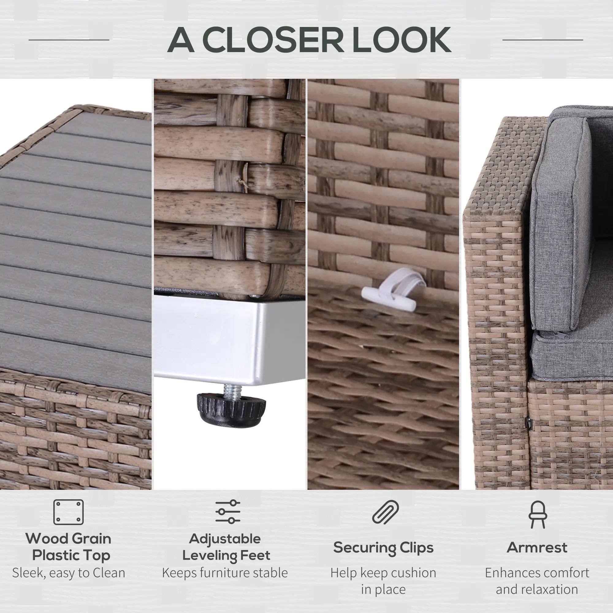 A CLOSER LOOK

Wood Grain Plastic Top
Sleek, easy to Clean

Adjustable Leveling Feet
Keeps furniture stable

Securing Clips
Help keep cushion in place

Armrest
Enhances comfort and relaxation