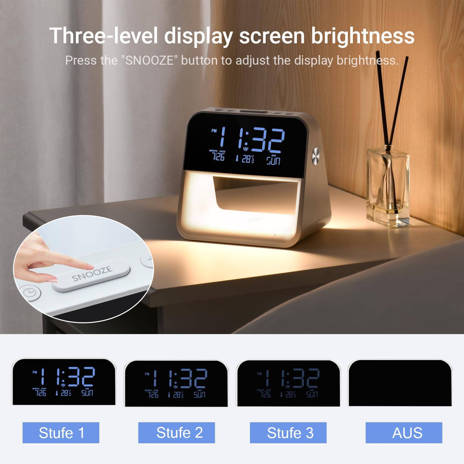 Three-level display screen brightness  
Press the "SNOOZE" button to adjust the display brightness.

PM 1 1:32  
126  
28% SUN

Stufe 1  
Stufe 2  
Stufe 3  
AUS