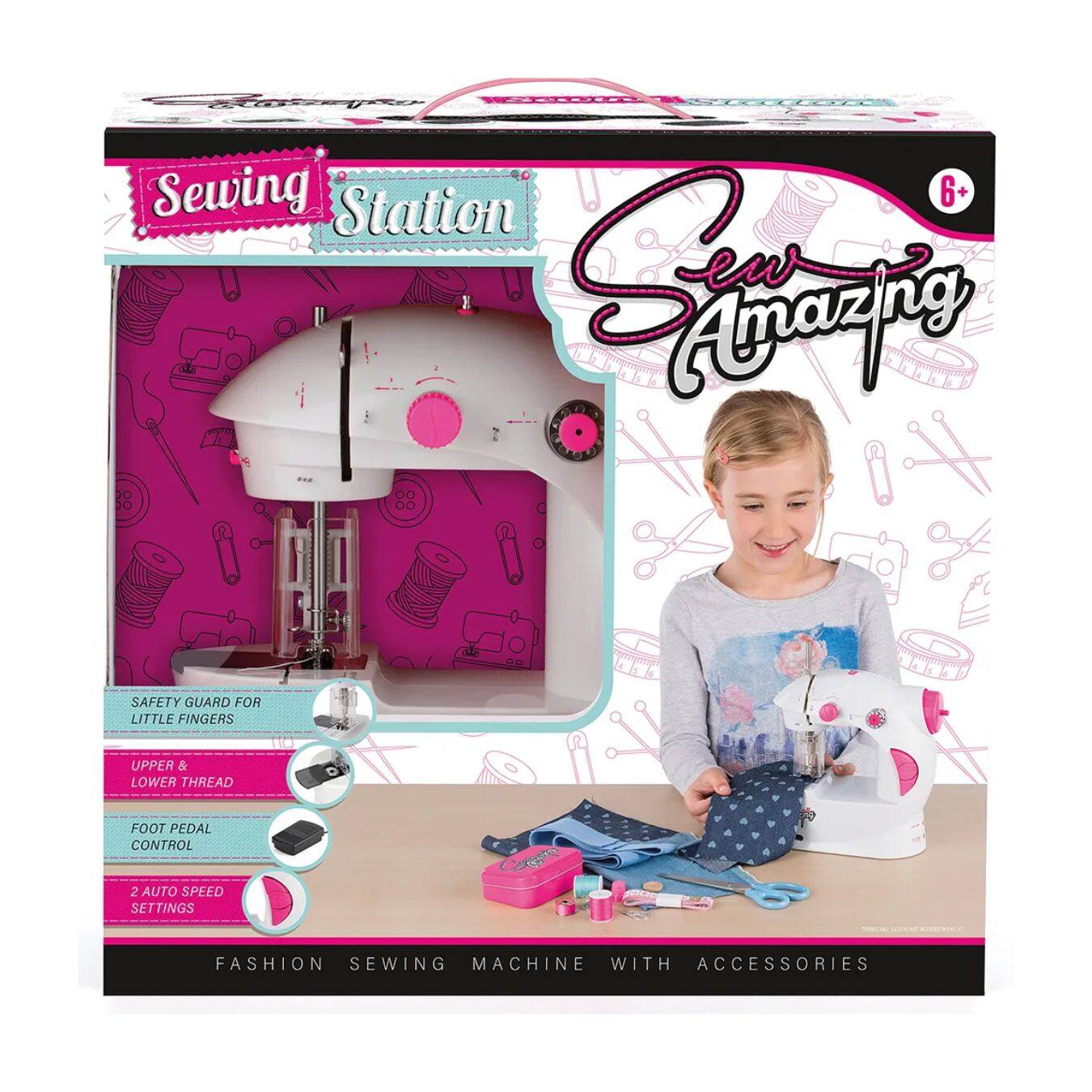 Sure, here is the corrected and grouped text from the image:

---

**Sewing Station**

**Sew Amazing**

- **Safety Guard for Little Fingers**
- **Upper & Lower Thread**
- **Foot Pedal Control**
- **2 Auto Speed Settings**

**Fashion Sewing Machine with Accessories**

---

**6+**