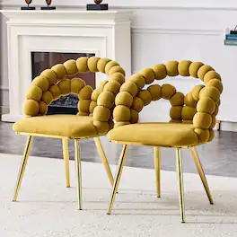 Loheer - Yellow Velvet Dining Chairs Set of 2, Bubble Back Accent Seating with Gold Legs for Kitchen, 1.92 ft - Gold,Yellow