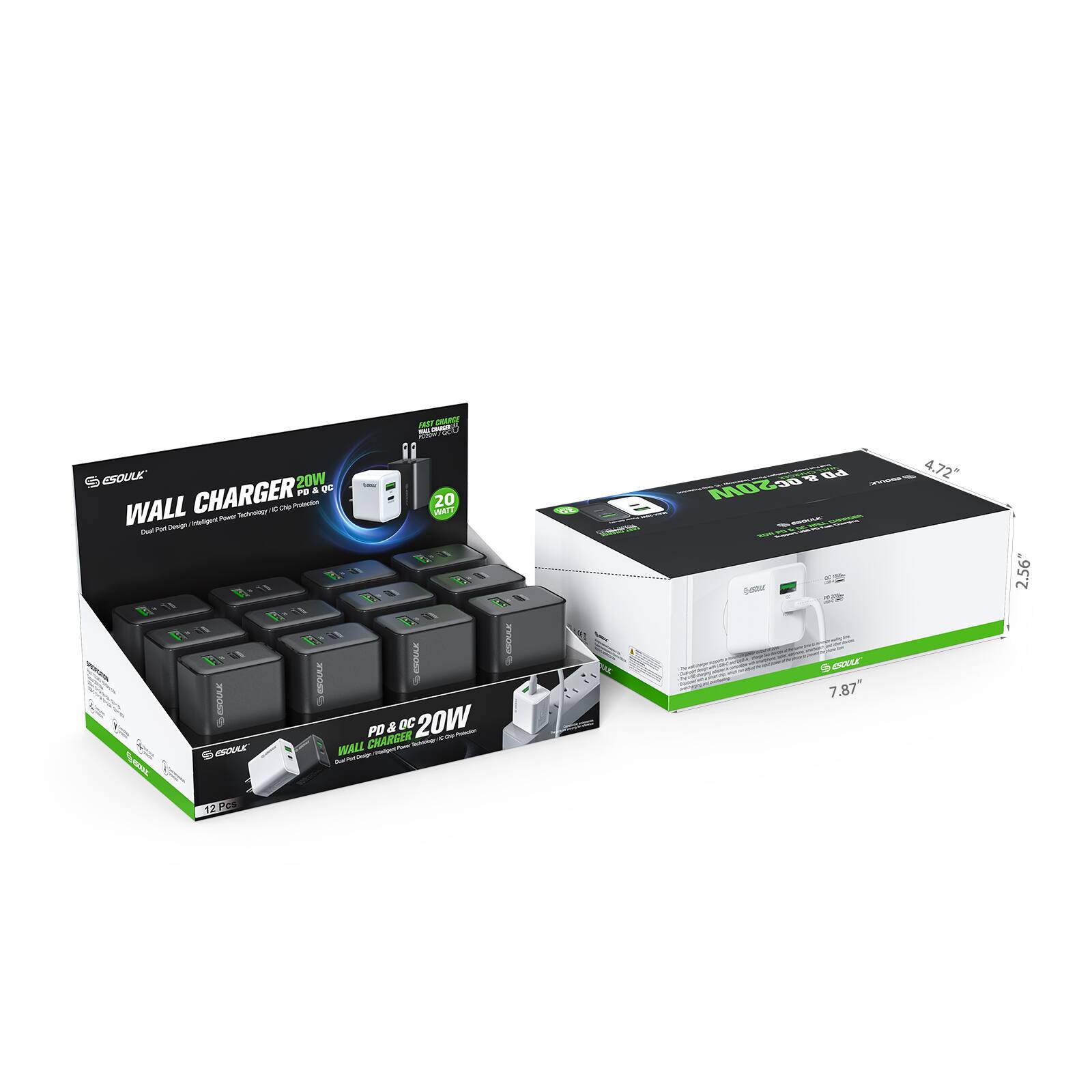 IM PRP -a - esOUL 20W PD & QC WALL CHARGER - 20 MAY - u / 1 1 S T8 N B F 1 i 7 g I H i 3 6 R e PD & eC 20W WALL CHARGER - GOULE - Edl - 4.72" RE2OW - u 5/ BOUE 7.87 2.56 12 PC