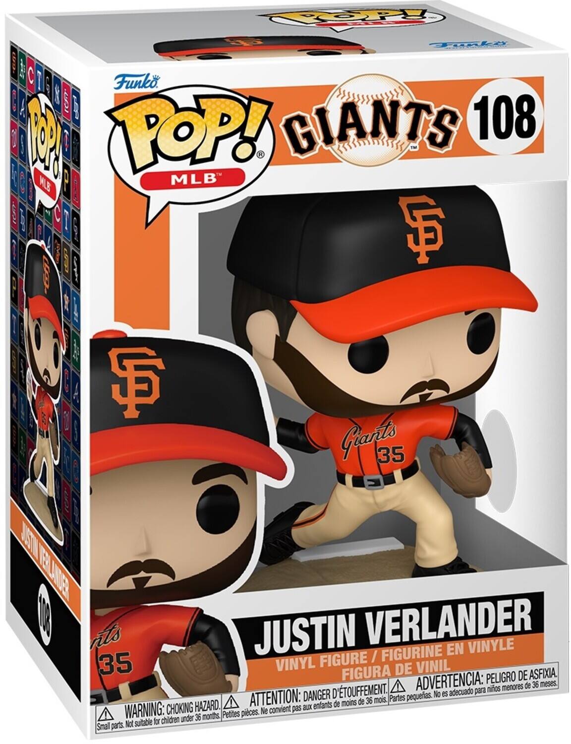 **Front:**
- Funko POP! MLB
- Giants 108
- Justin Verlander
- Vinyl Figure / Figurine en Vinyle / Figura de Vinil
- Warning: Choking Hazard. Small parts. Not suitable for children under 36 months.
- Attention: Danger d'étouffement. Ne convient pas aux enfants de moins de 36 mois.
- Advertencia: Peligro de asfixia. No es adecuado para niños menores de 36 meses.

**Side:**
- Justin Verlander
- 108
- Giants 35

**Top:**
- Funko POP! MLB

**Bottom:**
- Warning: Choking Hazard. Small parts. Not suitable for children under 36 months.
- Attention: Danger d'étouffement. Ne convient pas aux enfants de moins de 36 mois.
- Advertencia: Peligro de asfixia. No es adecuado para niños menores de 36 meses.