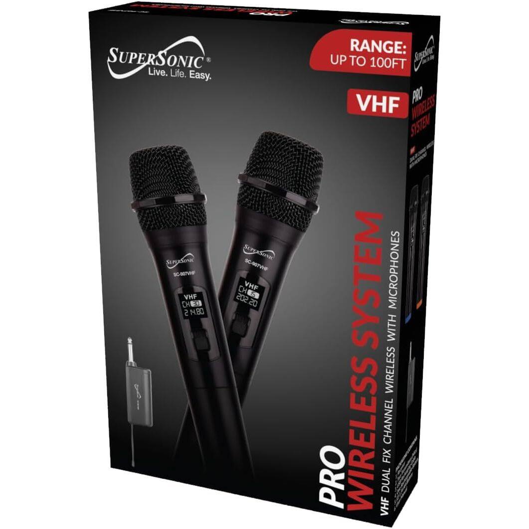 SUPERSONIC Live. Life. Easy.  
SUPuSoNIc  
SUPEASONIC SC-90TVHF SC-907VHP  
C VHF VHF 202.20 CH CHE 2 M.80  
RANGE: UP TO 100FT  
VHF PRO WIRELESS SYSTEM MICROPHONES WITH WIRELESS CHANNEL FIX PRO VHF DUAL