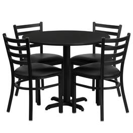 Flash Furniture - Carlton 36'' Round Laminate Table Set with X-Base and 4 Ladder Back Metal Chairs - Vinyl Seat - Black