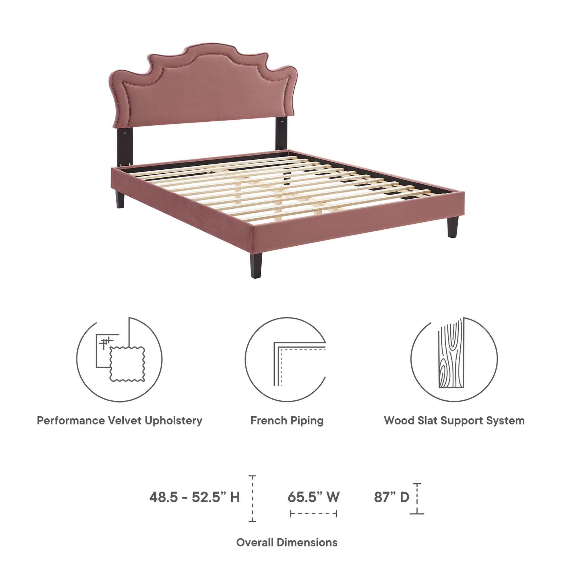 - Performance Velvet Upholstery
- French Piping
- Wood Slat Support System

Overall Dimensions:
- T 48.5" - 52.5"
- H 65.5"
- W 87"
- D