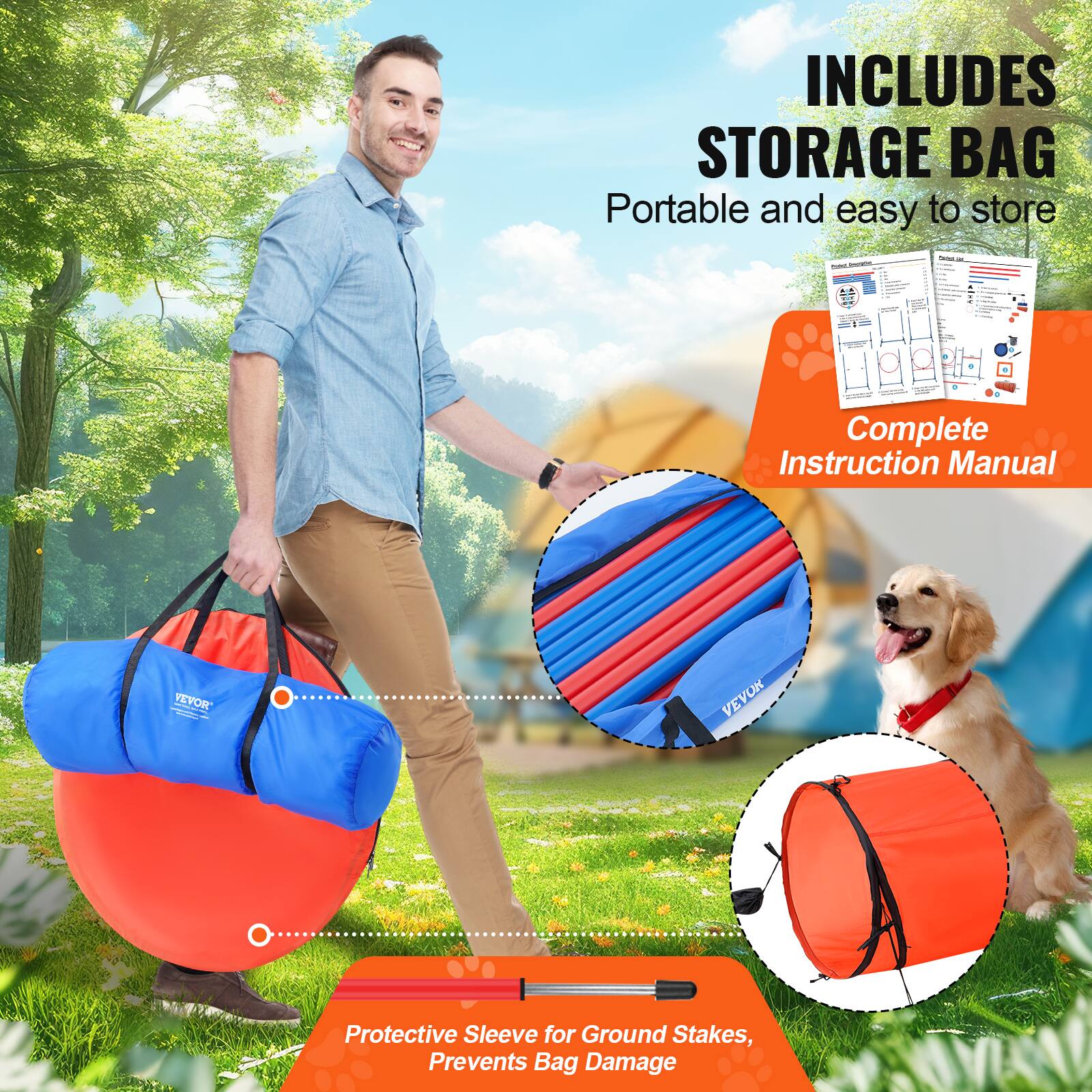 INCLUDES STORAGE BAG Portable and easy to store

Complete Instruction Manual

Protective Sleeve for Ground Stakes, Prevents Bag Damage