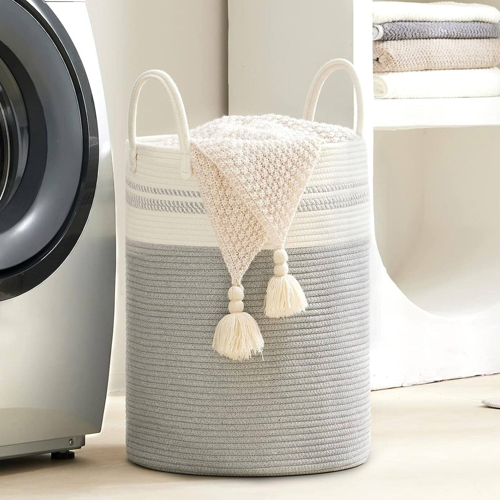 Alt View 10. Cheer Collection - Laundry Hamper, Large Woven Rope, 15" x 19.7" Cotton Laundry Basket with Handles, Clothes Hamper for Bedroom, Bathroom - 3-Tone Tan.