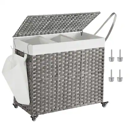 Front. Songmics Home - Laundry Basket with Lid, 160 L, Rolling Laundry Hamper with Wheels, 3-Compartment Synthetic Rattan, Removable Liner - Grey.