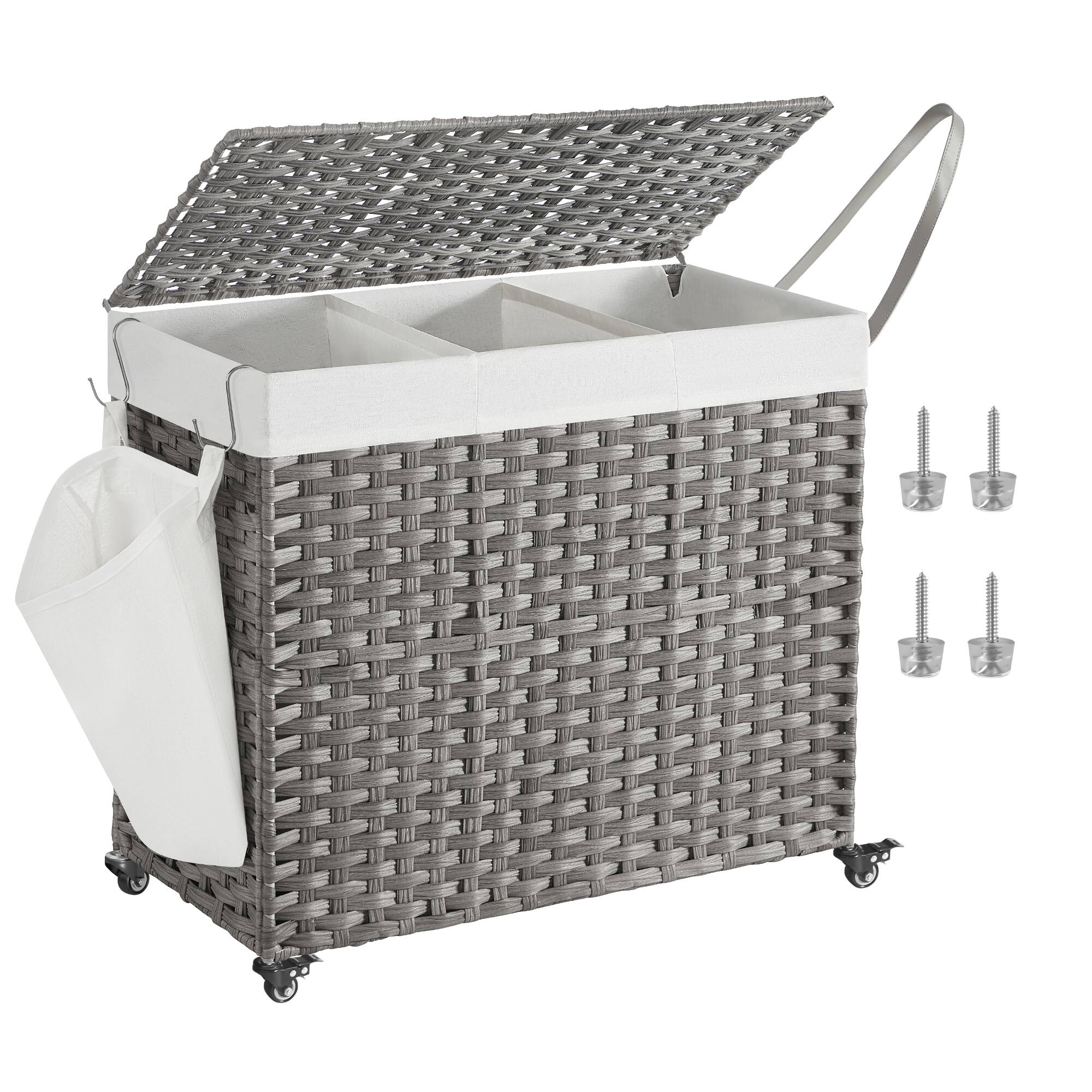 Front. Songmics Home - Laundry Basket with Lid, 160 L, Rolling Laundry Hamper with Wheels, 3-Compartment Synthetic Rattan, Removable Liner - Grey.