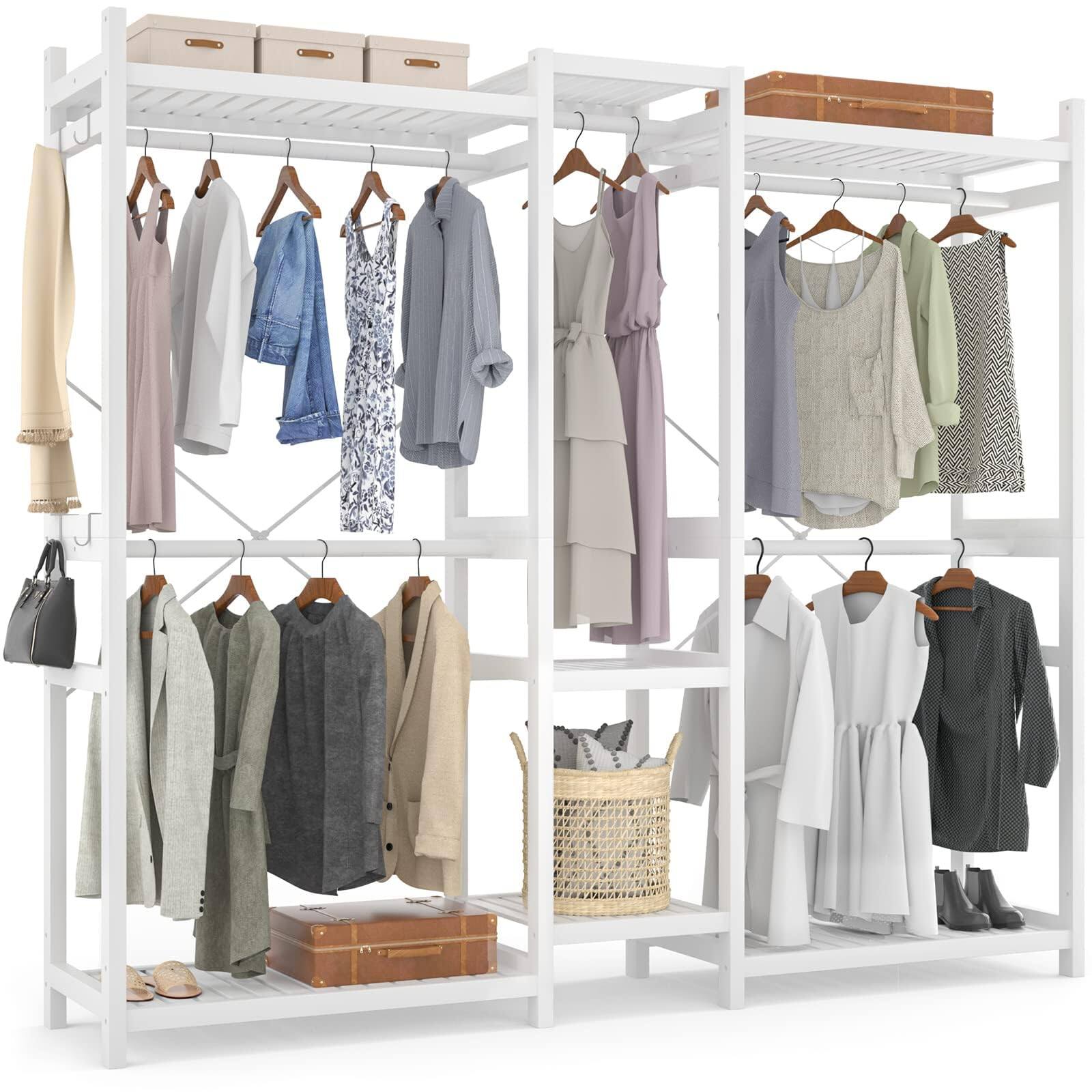 Angle. Aheaplus - Bamboo Large Freestanding Garment Rack - 7 Shelves, 5 Rods & 4 Hooks - Open Closet Organizer - White.