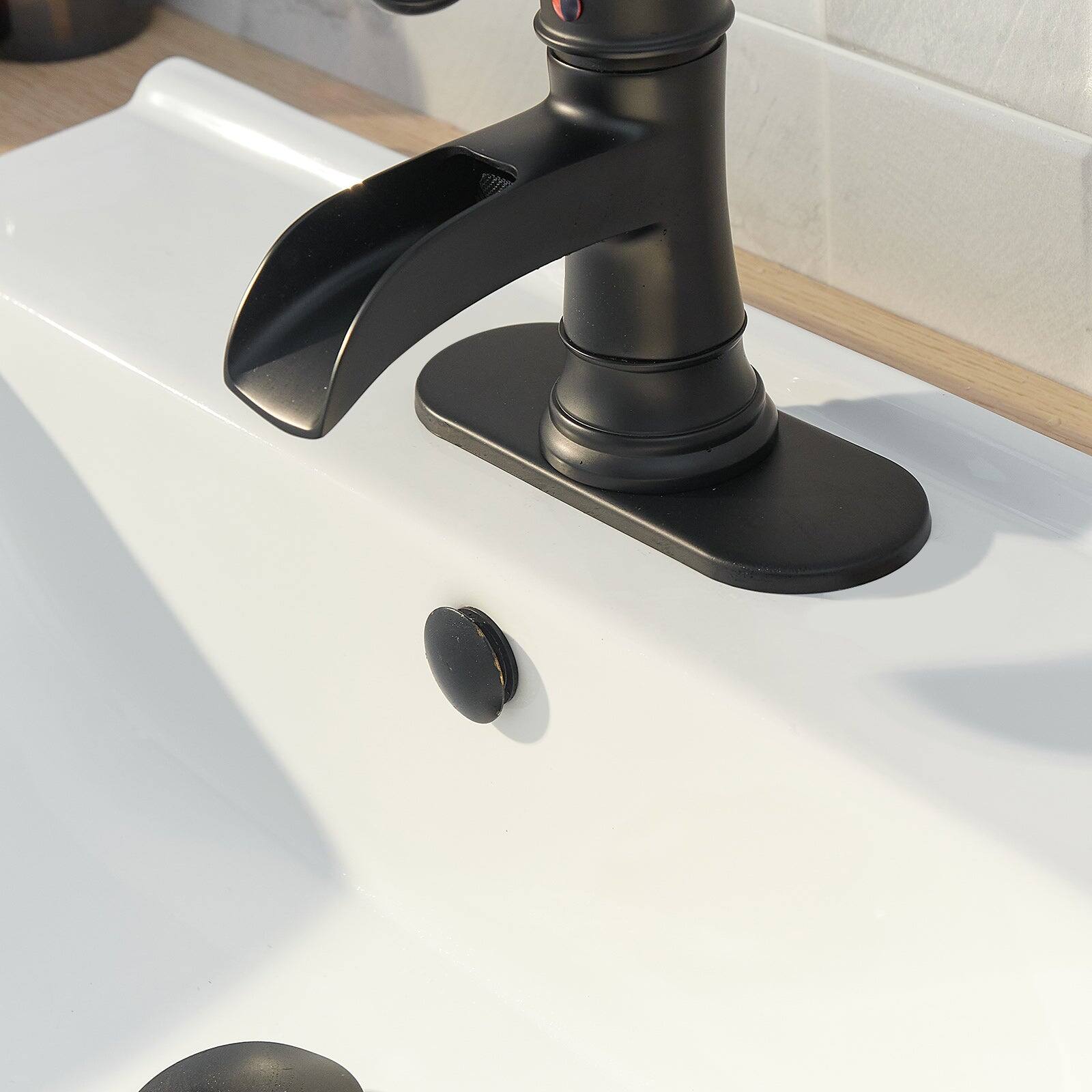 Left. Boyel Living - Waterfall Single Hole Single-Handle Low-Arc Bathroom Faucet With Pop-up Drain Assembly in Matte Black - Matte Black.