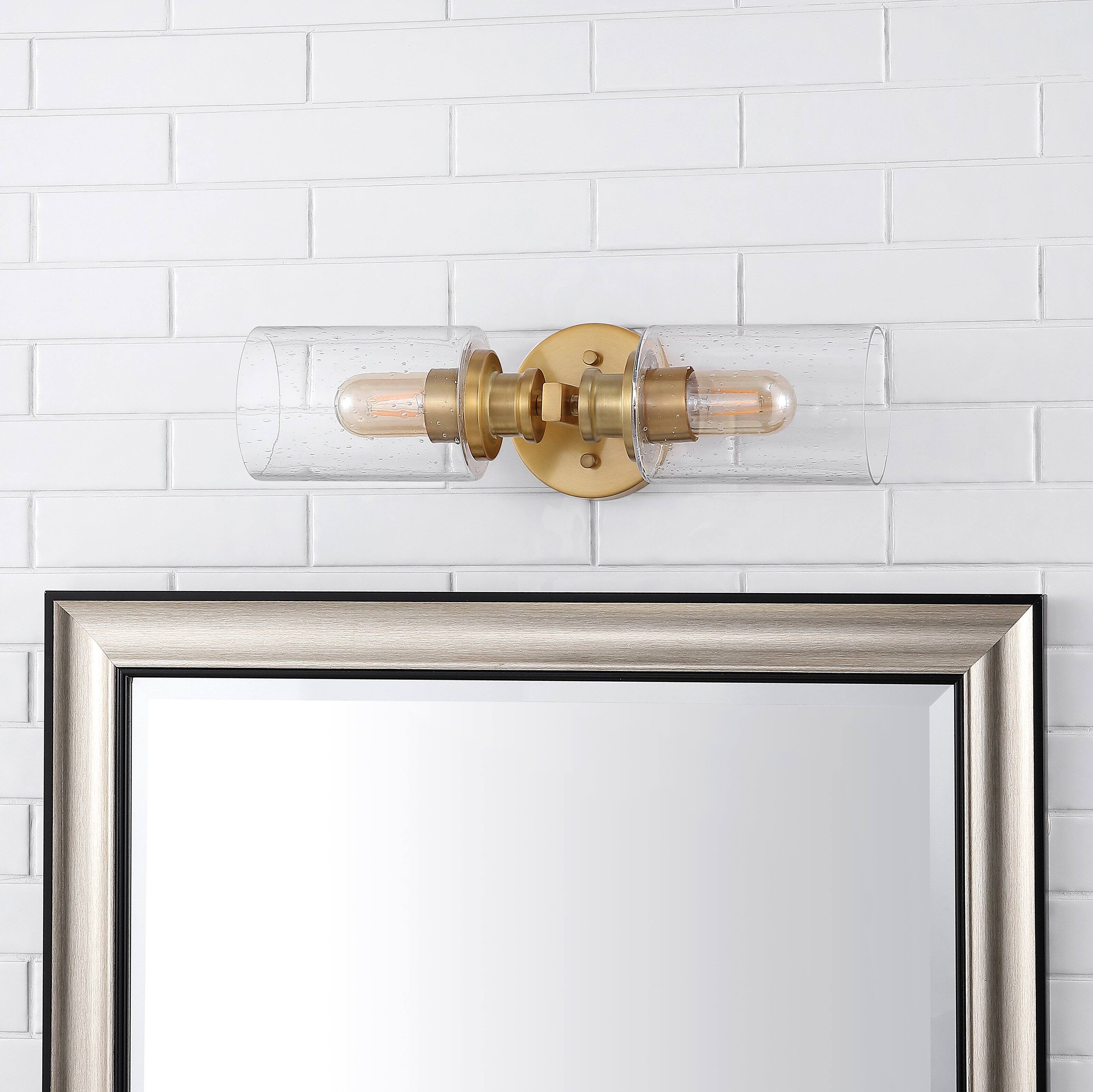 Alt View 10. Jonathan Y - Jules Edison 16.5" Cylinder 2-Light Iron/Seeded Glass Farmhouse Contemporary LED Wall Sconce, Brass Gold - Brass Gold.