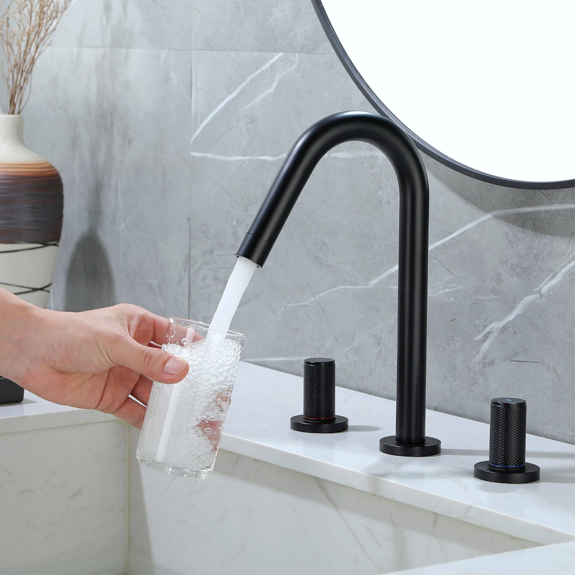 Angle. Boyel Living - 8 in Widespread Double Handle 360 Degree Swivel Spout Bathroom Faucet with Quick Connect Hose in Matte Black - Matte Black.