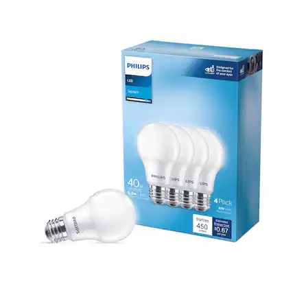 PHILIPS LED FE C
Designed for the comfort of your eyes
Daylight
PHILIPS
40w replacement*
5.5w LED
4 Pack
A19 bulb
Medium base
Brightness: 450 lumens
Estimated Energy Cost: $0.67 per year