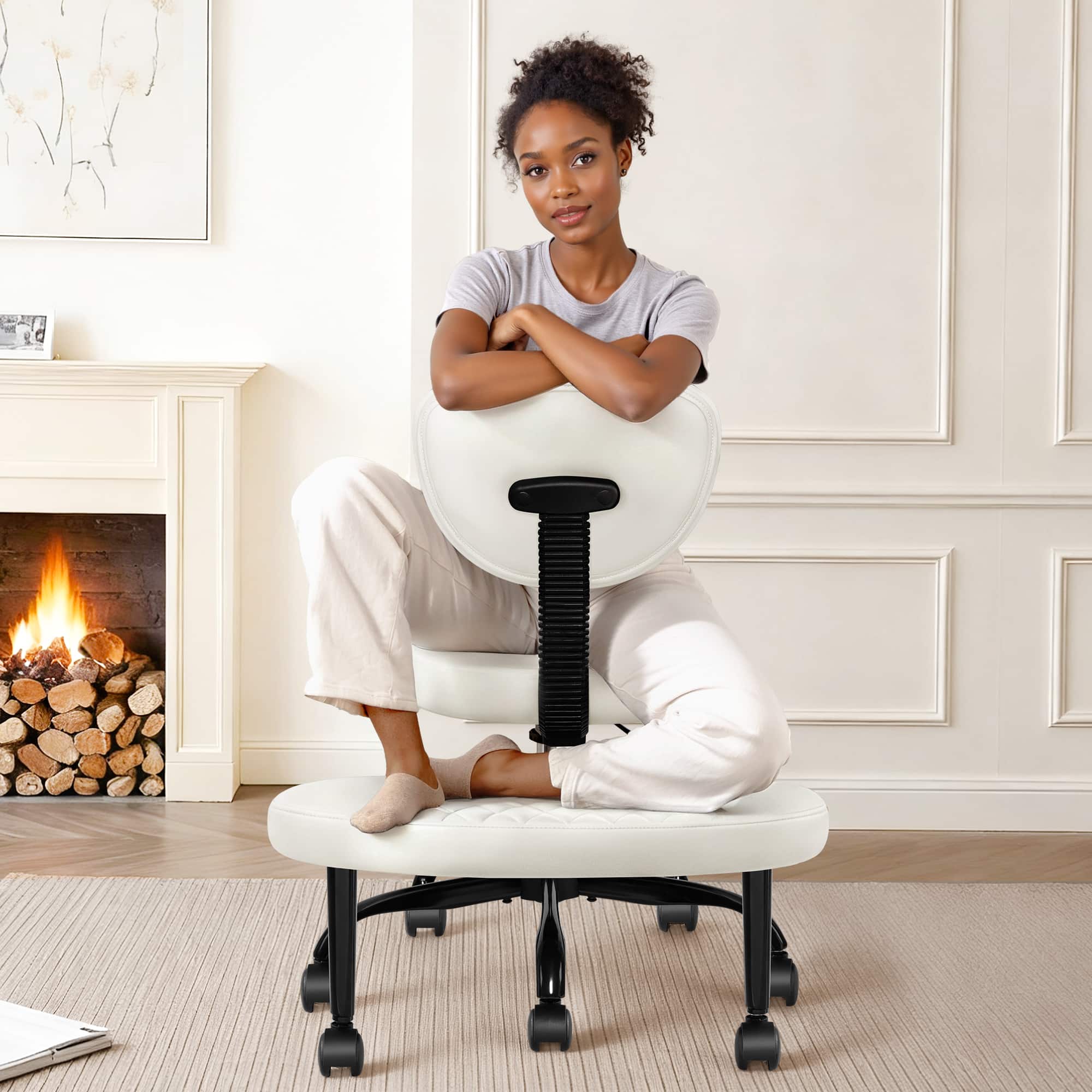Brick Attic - Cross Legged Chair Ergonomic ADHD Office Chair Height Adjustable Yoga Chair with Lumbar Support Kneeling Chair - White