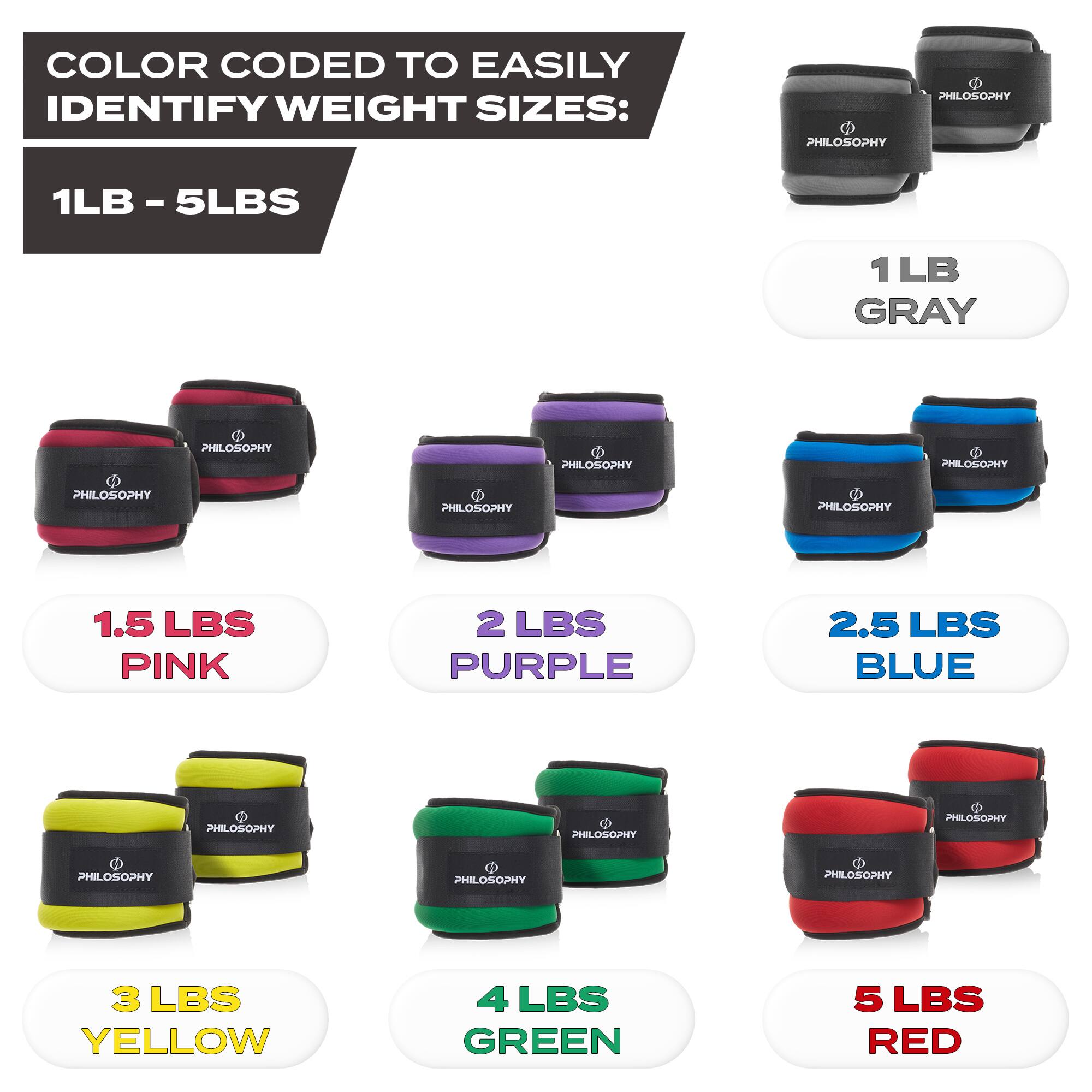 COLOR CODED TO EASILY IDENTIFY WEIGHT SIZES:

1LB - 5LBS

1LB - 5LBS

1LB GRAY

1.5 LBS PINK

2 LBS PURPLE

2.5 LBS BLUE

3 LBS YELLOW

4 LBS GREEN

5 LBS RED