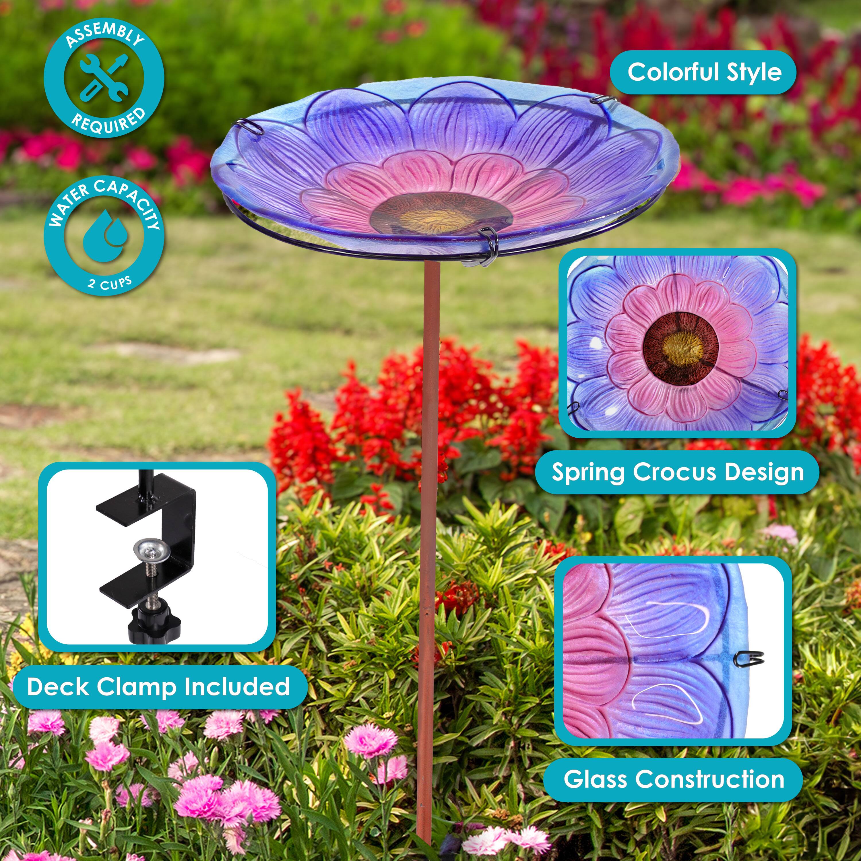 - Assembly Required
- Water Capacity: 2 Cups
- Colorful Style
- Spring Crocus Design
- Deck Clamp Included
- Glass Construction
