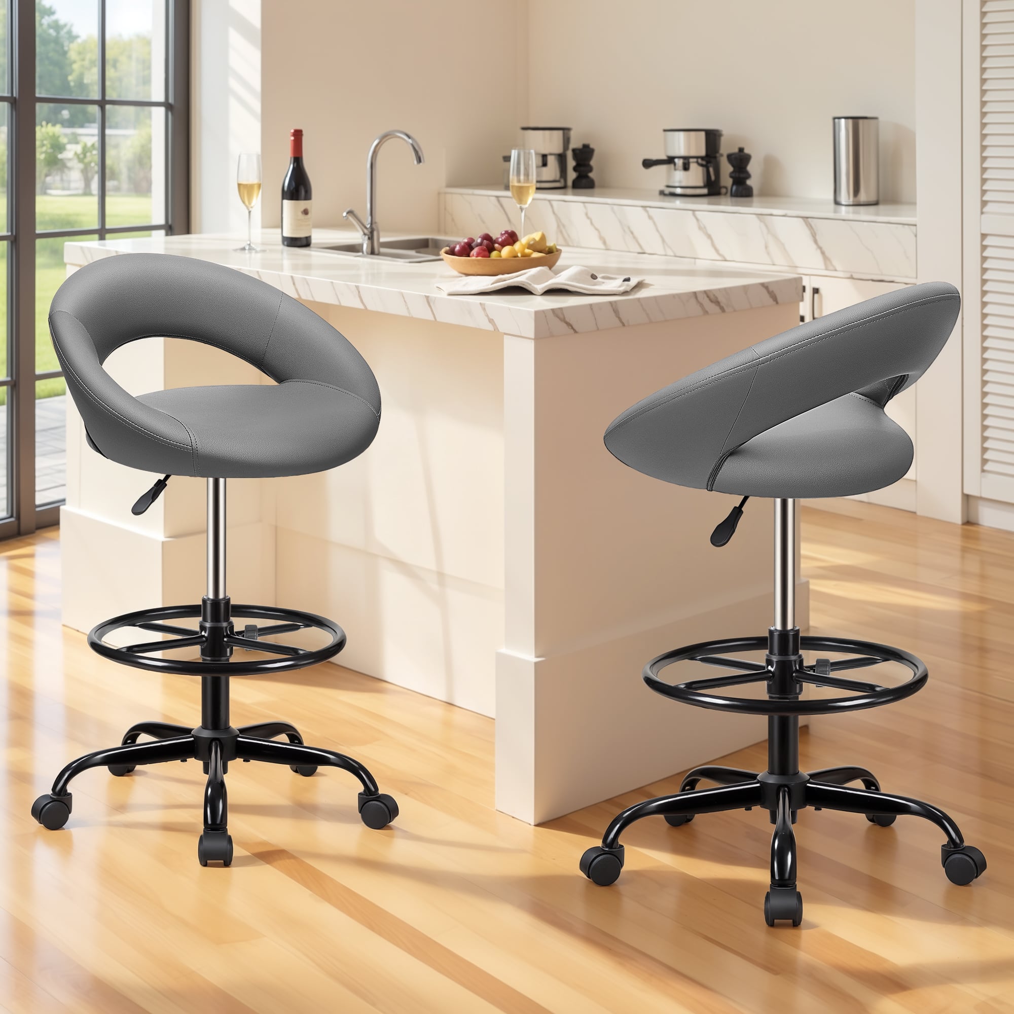 Brick Attic - 2pcs Drafting Chair with Back, Height Adjustable Rolling Stool with Foot Rest, Tall 360° Swivel Stool PU Leather Chair - Gray