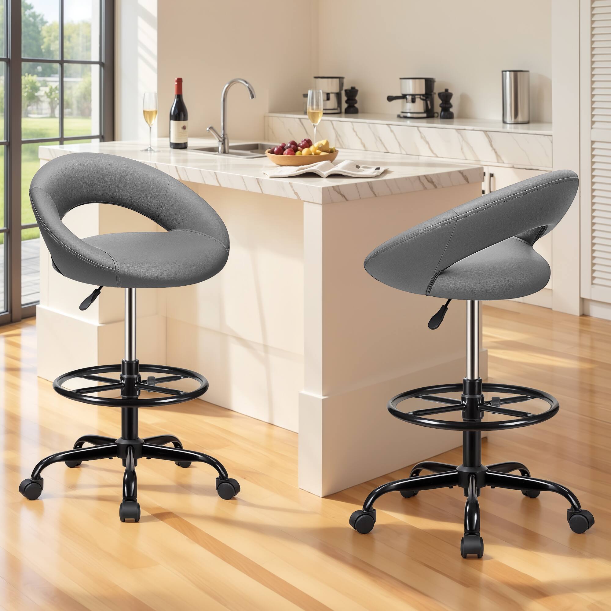 Front. Brick Attic - 2pcs Drafting Office Chair, Height Adjustable Rolling Bar Stool with Foot Rest, Tall 360° Swivel Stool Leather Chair - Grey.