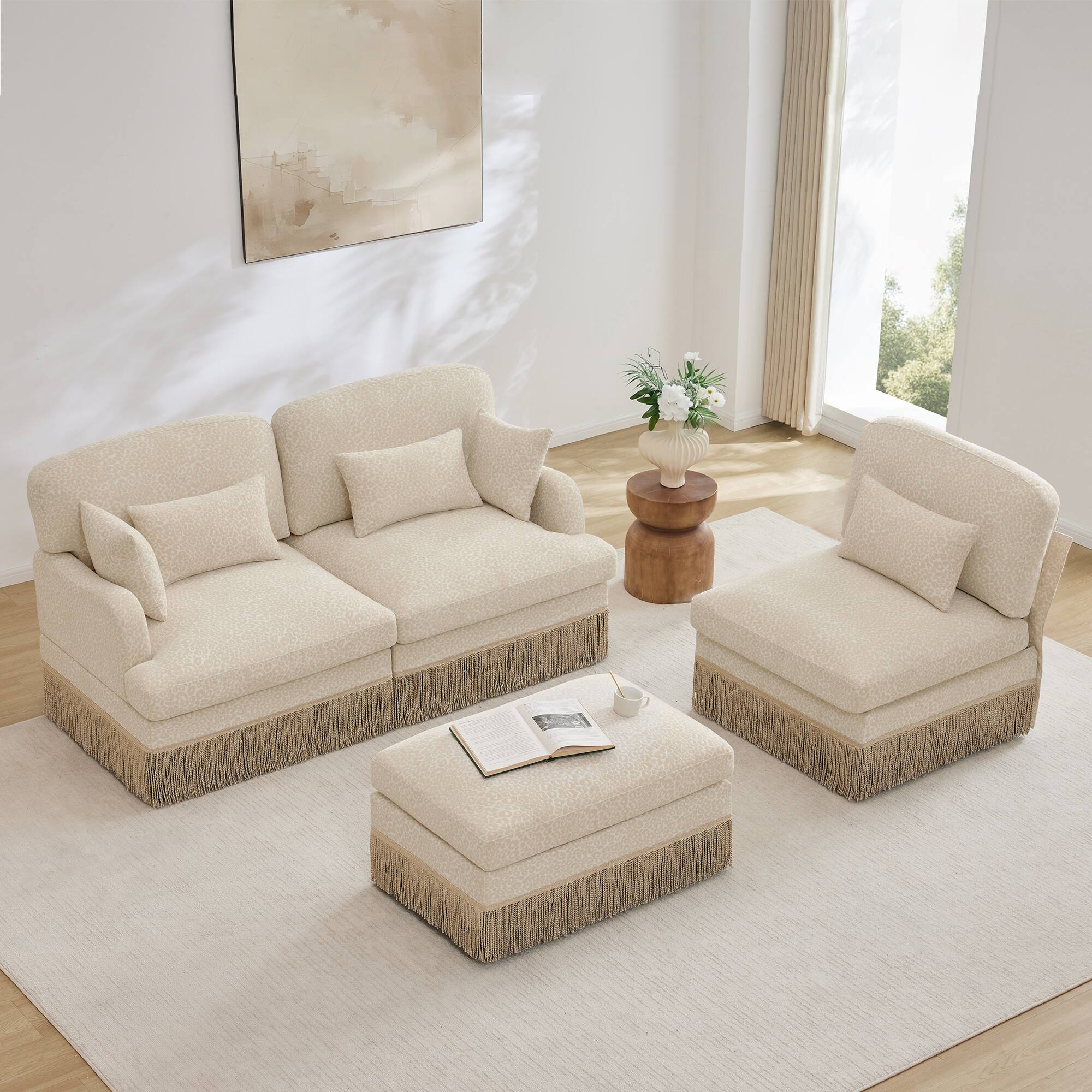 Back. Anysun - Modern Fashion Style L-Shaped Chenille Leopard Print Sofa with Movable Ottoman & Tassel Edge, Easy Assembly, Deep Seat - Beige.