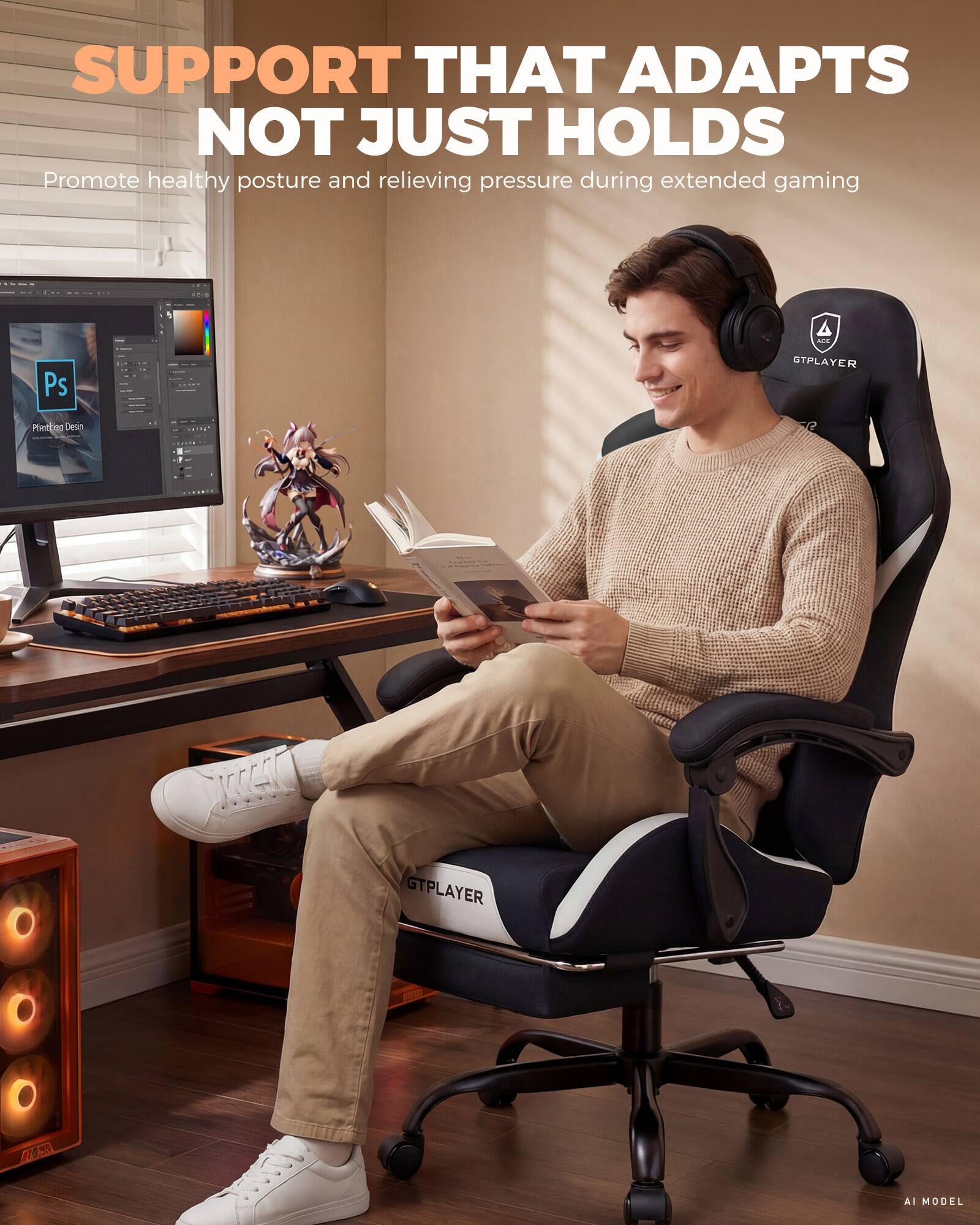 SUPPORT THAT ADAPTS NOT JUST HOLDS  
Promote healthy posture and relieving pressure during extended gaming  

Ps  
GTPLAYER Poebe Desien e JA GTPLAYER F6  
AI MODEL