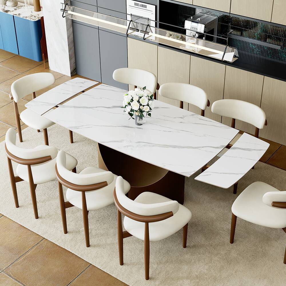 Angle. POVISON - 71"-95"Extendable Modern White Dining Table for 6-10,Rectangular Glossy Sintered Stone Tabletop,Bronze Carbon Steel Leg - Glossy White Sintered Stone with Bronze.