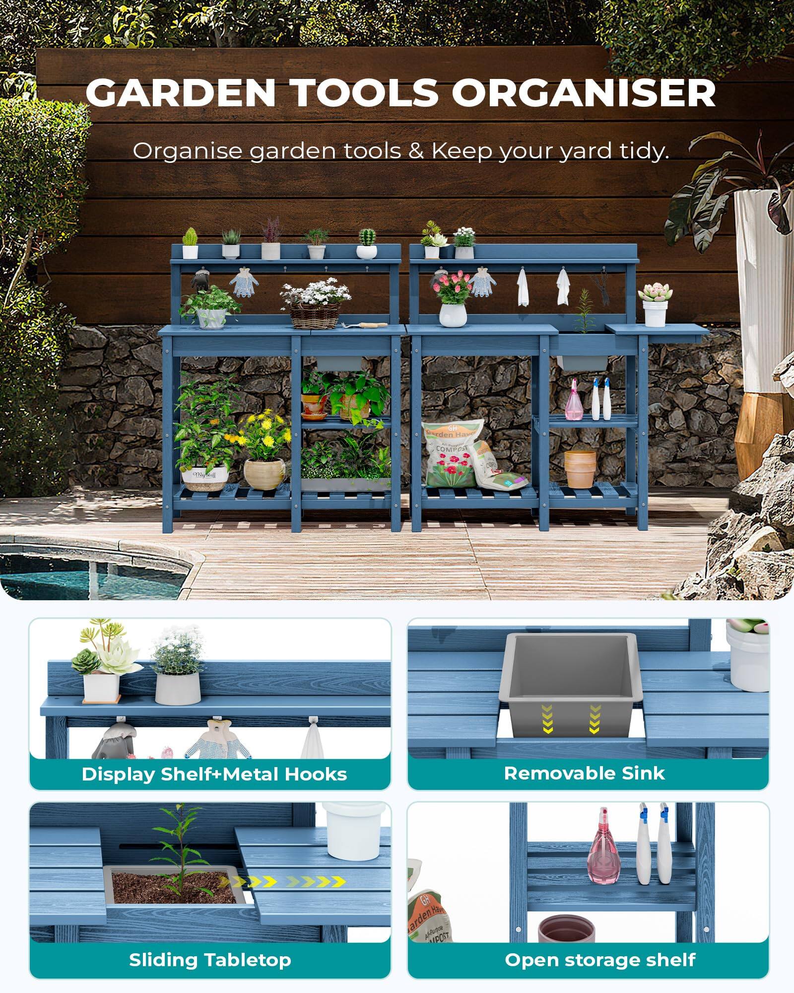 GARDEN TOOLS ORGANISER  
Organise garden tools & Keep your yard tidy.  

- Display Shelf+Metal Hooks  
- Sliding Tabletop  
- Removable Sink  
- Open storage shelf