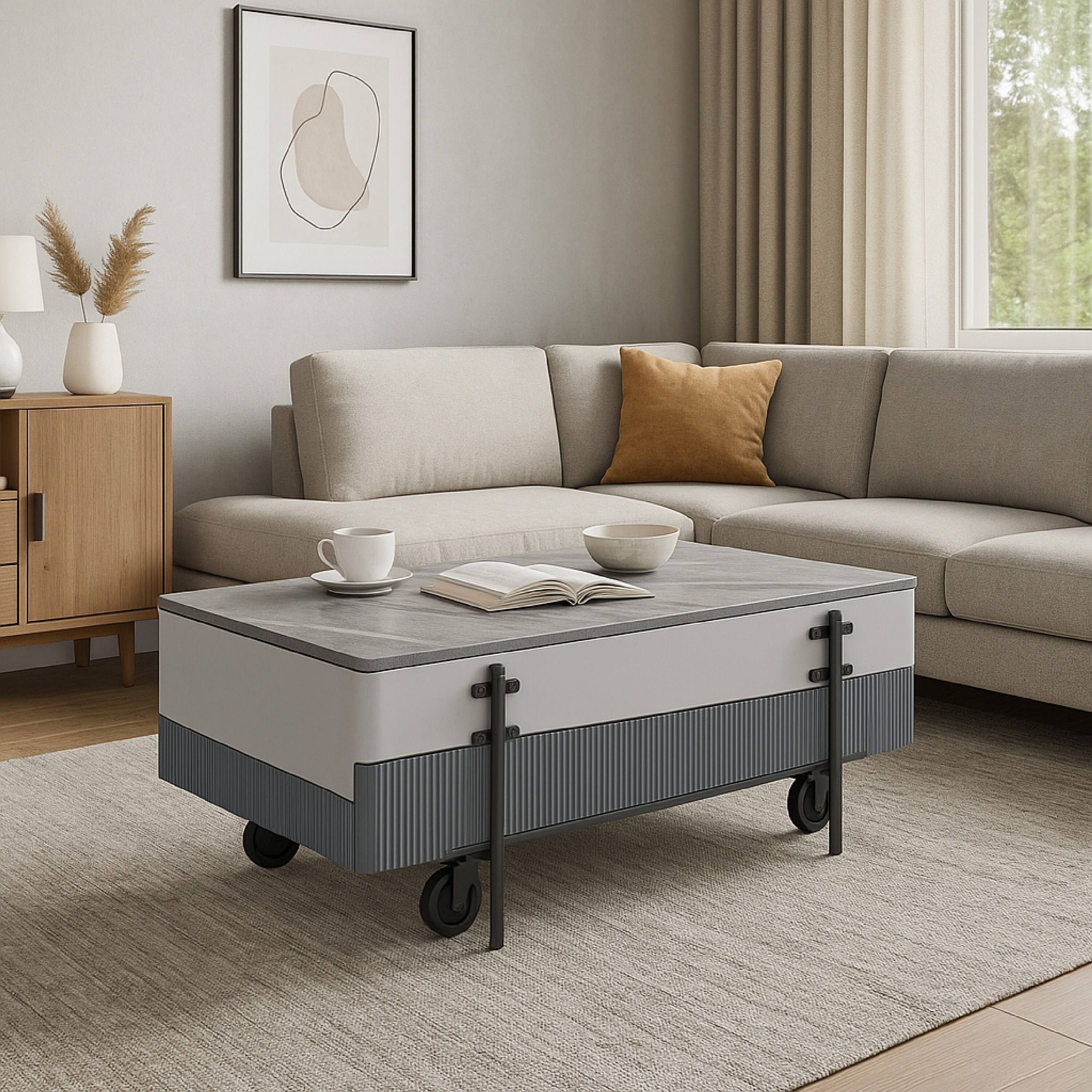 Alt View 5. Manhattan Lane - Mindy Coffee Table with Lift Top, 3 Compartments, 47 Inch - White, Gray, Black.