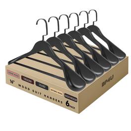 BP4U - 6-Pack Premium Wide Shoulder Wooden Suit Hangers, 16" Women's Solid Wood Clother Hangers with Pant Bar - Black