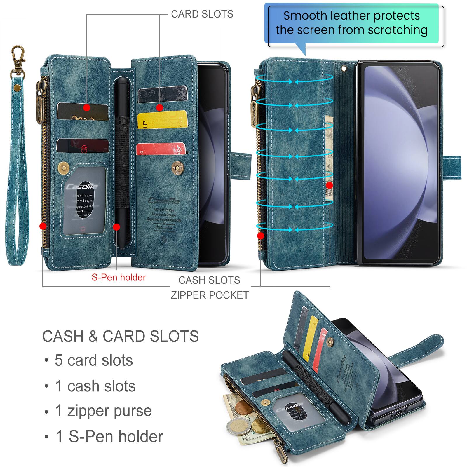 CARD SLOTS  
Smooth leather protects the screen from scratching  

CASH SLOTS  
ZIPPER POCKET  

CASH & CARD SLOTS  
- 5 card slots  
- 1 cash slots  
- 1 zipper purse  
- 1 S-Pen holder
