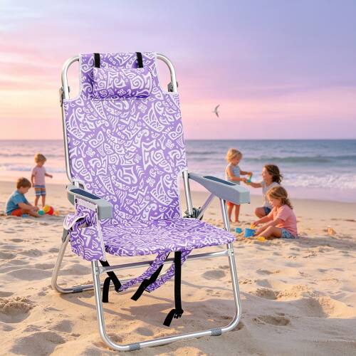 Alt View 5. Winado - Folding Beach Camping Chair with 5-Position, Cooler Bag, Cup Holders, Towel Bar, Lightweight for Outdoor Beach Camping - Purple Tribal Pattern.