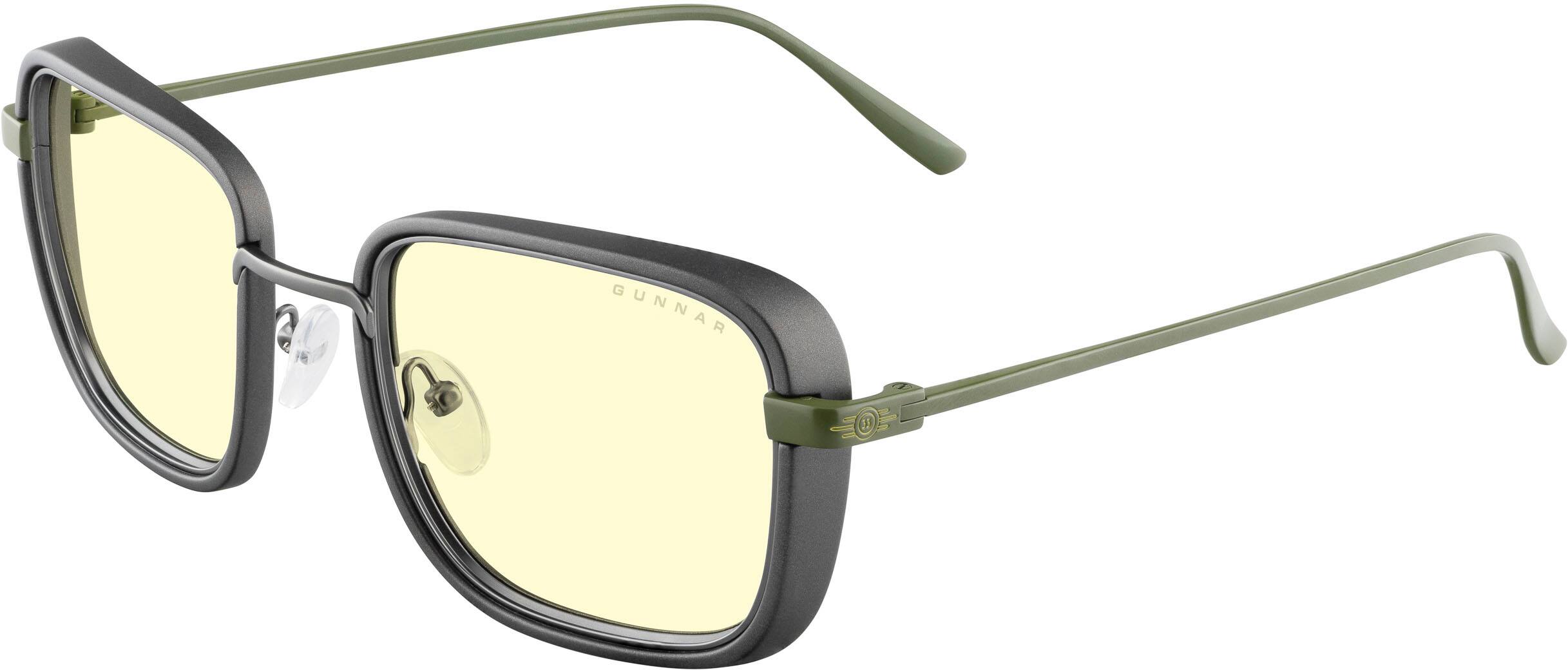 Left. GUNNAR - Fallout Vault 33 Computer Glasses with Blue Light Reduction, Amber Lenses - Gunmetal/Olive.