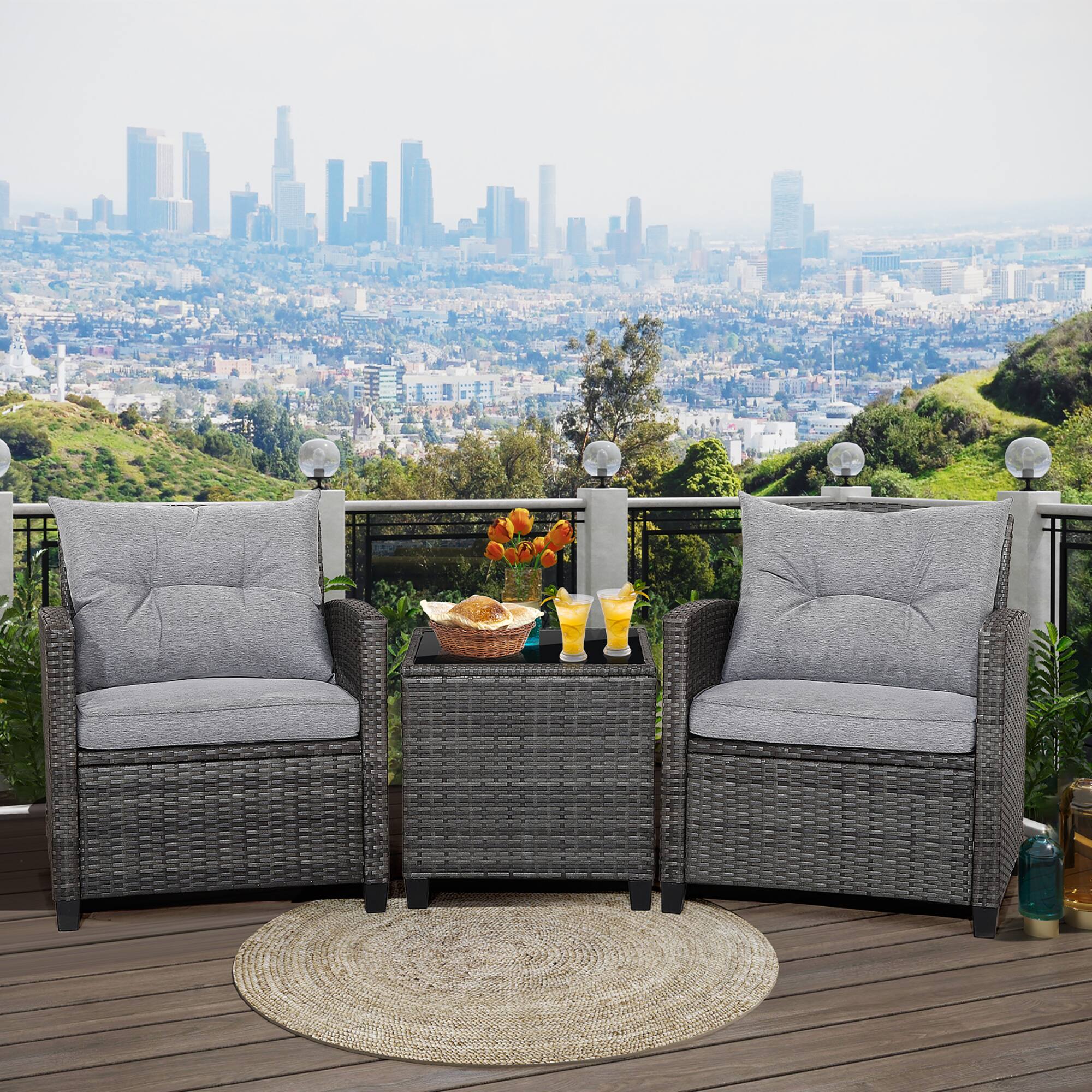 Front. Gymax - Gymax 3PCS Patio Rattan Sofa Set Outdoor Wicker Conversation Set Glass Tabletop w/ Grey Cushion - Grey.