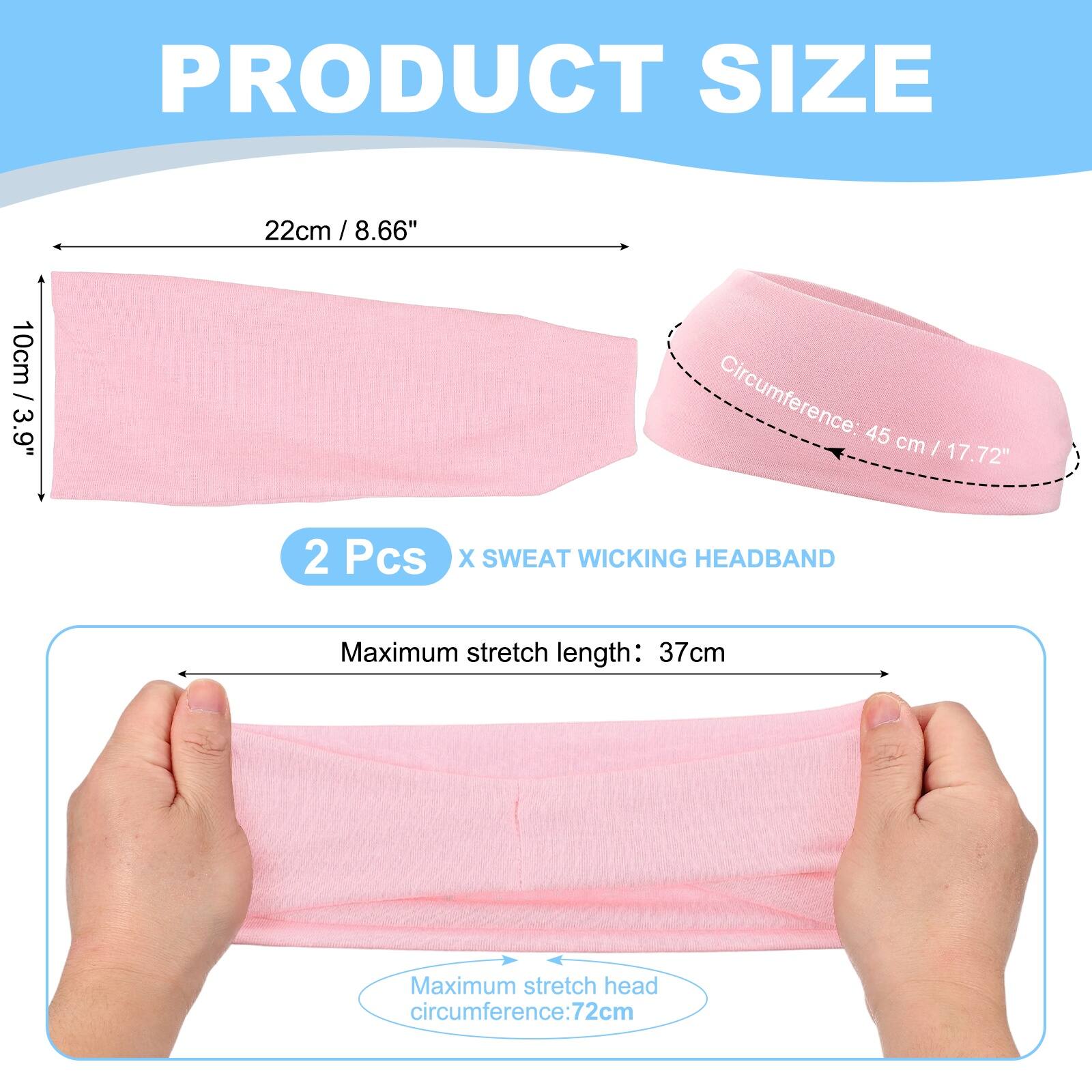 PRODUCT SIZE

22cm / 8.66"  
10cm / 3.9"  
Circumference: 45 cm / 17.72"  

2 Pcs X SWEAT WICKING HEADBAND  

Maximum stretch length: 37cm  
Maximum stretch head circumference: 72cm