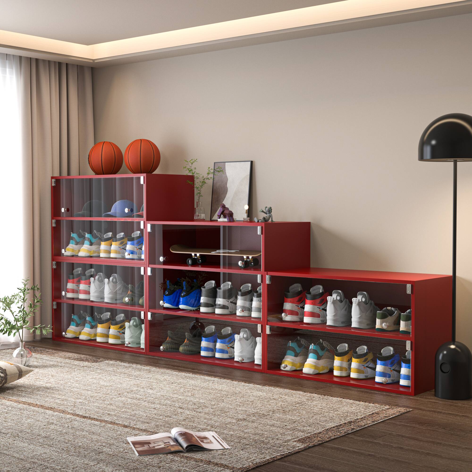 Back. GOODSILO - Modern Glass Door Shoe Storage Cabinet with LED Lighting for Sneaker Display and Protection - Red.