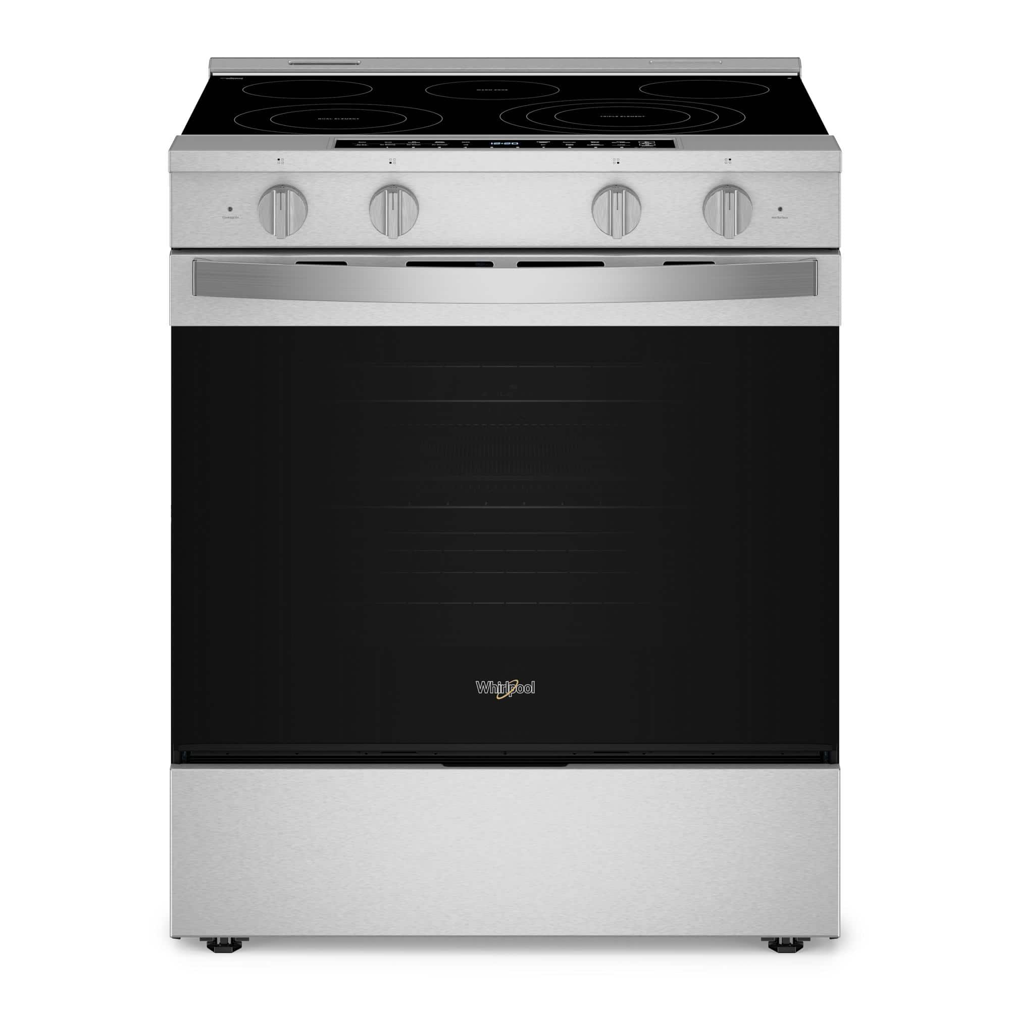 Front. Whirlpool - 5.3 Cu. Ft. Slide-In Electric True Convection Range with Air Cooking Technology and WipeClean Coating - Fingerprint Resistant Stainless Steel.