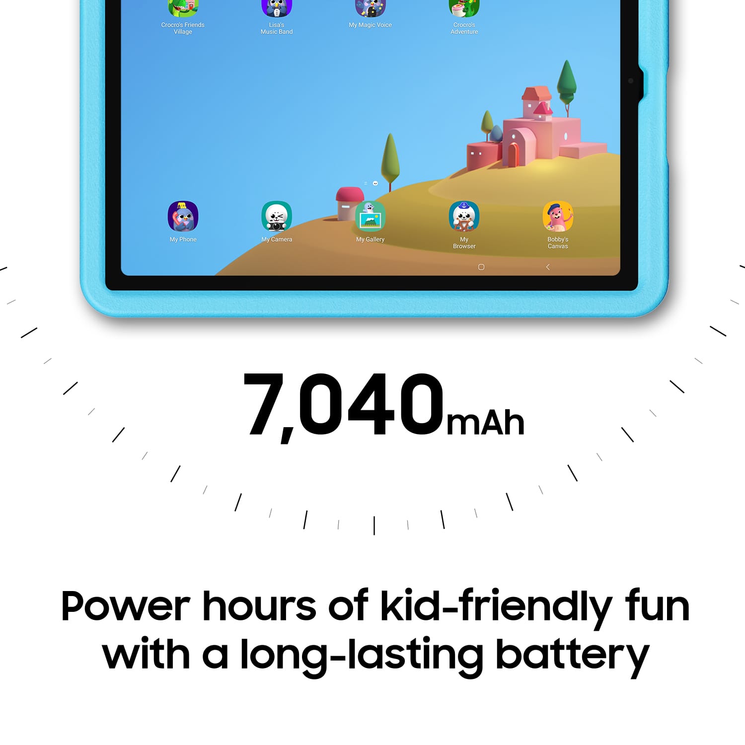 The text on the image is grouped and corrected as follows:
"Cookoo Friends village Litas Munic Band My Magie volce Crocrpia Adventure My Phone M Camera My Galery My drowser Bubdy's Canvas 7,040 mAh Power hours of kid-friendly fun with a long-lasting battery."
