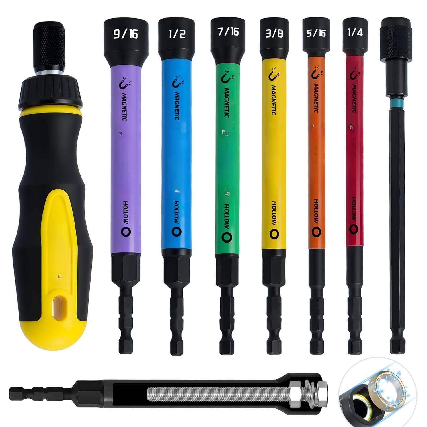 JETRANSPORT - 8 Hollow Nut Driver Set Magnetic With Ratcheting Handle Shaft Sae Color Coded 1 4 To 9 16-inch 5-inch - 8 Pcs Hollow Magnetic Nut Driver With Handle