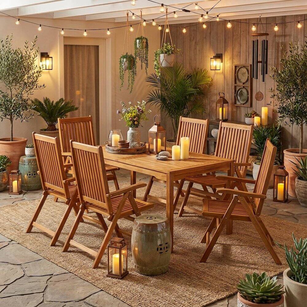 Alt View 2. Outdoor Escape - Wooden Patio Set Oil-Finish Dining Table with Outdoor 6 Chairs - Brown.