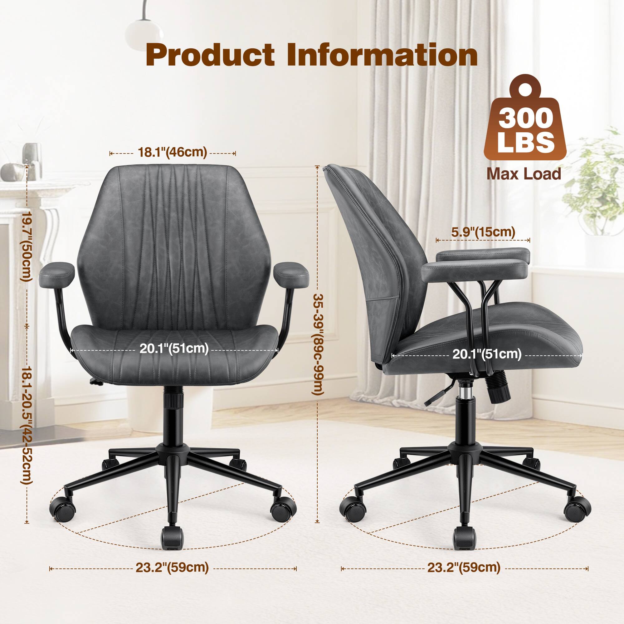 Product Information

- 19.7" (50cm)
- 18.1-20.5" (42-52cm)
- 18.1" (46cm)
- 20.1" (51cm)
- 35-39" (89cm-99cm)
- 300 LBS Max Load
- 5.9" (15cm)
- 23.2" (59cm)

Max Load: 300 LBS