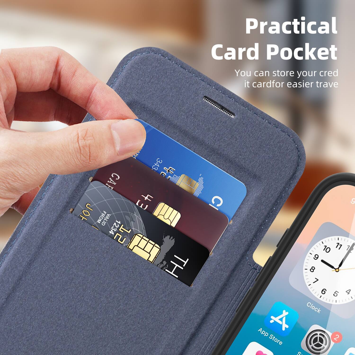 Practical Card Pocket  
You can store your credit card for easier travel  

343 CAR 4.0% CI JOH FROM VALID 1234 12 TH  

App Store  
10 11 1 9 8 7 6 5 4 Clock 2