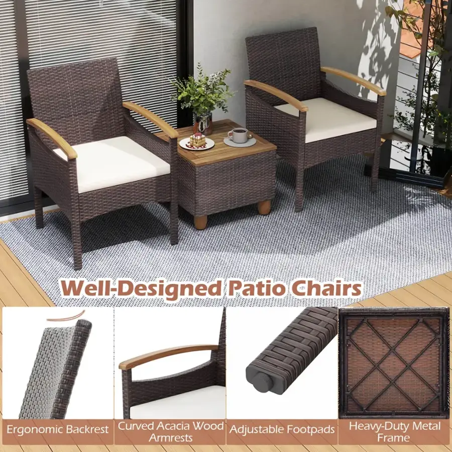 Patio Chairs + Well-Designed Backrest Curved Acacia Wood Heavy-Duty Metal Ergonomic Adjustable Footpads Armrests Frame