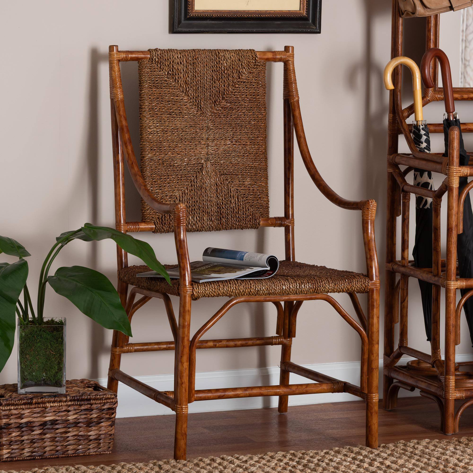 Alt View 4. bali & pari - Ramos Marbled Tortoise Natural Rattan and Seagrass Armchair - Handwoven Wicker Chair, Rustic Boho Accent Seating - Marbled Tortoise Brown/Natural Brown.