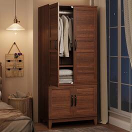 GARVEE - 72" Wooden Armoire Wardrobe Closet with 4 Doors Freestanding Cabinet with Hanging Rod for Bedroom Rustic - Brown