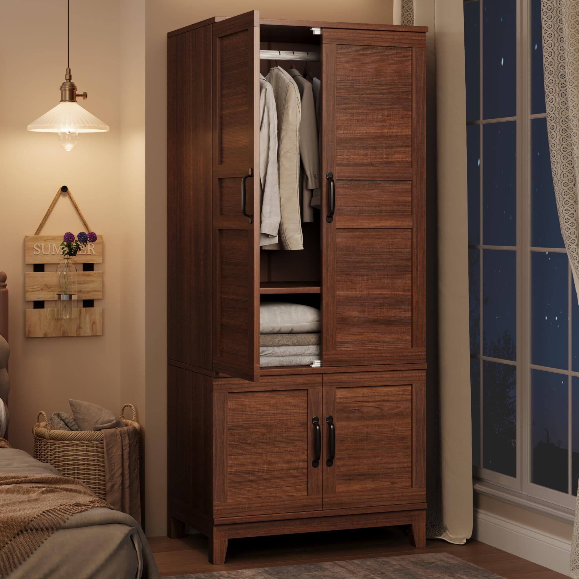 Front. GARVEE - 72" Wooden Armoire Wardrobe Closet with 4 Doors Freestanding Cabinet with Hanging Rod for Bedroom Rustic Brown - Brown.
