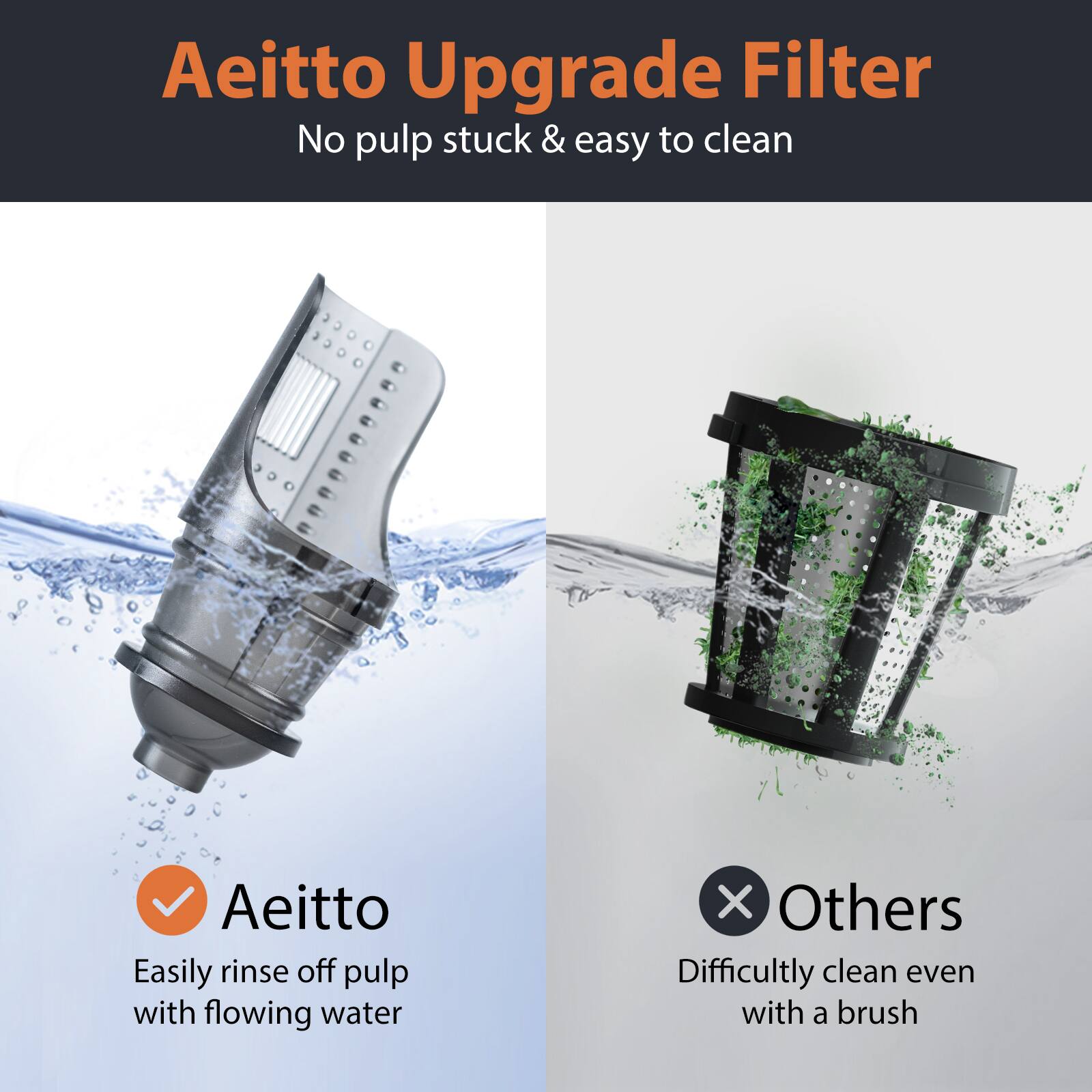 Aeitto Upgrade Filter
No pulp stuck & easy to clean

Aeitto
Easily rinse off pulp with flowing water

Others
Difficultly clean even with a brush
