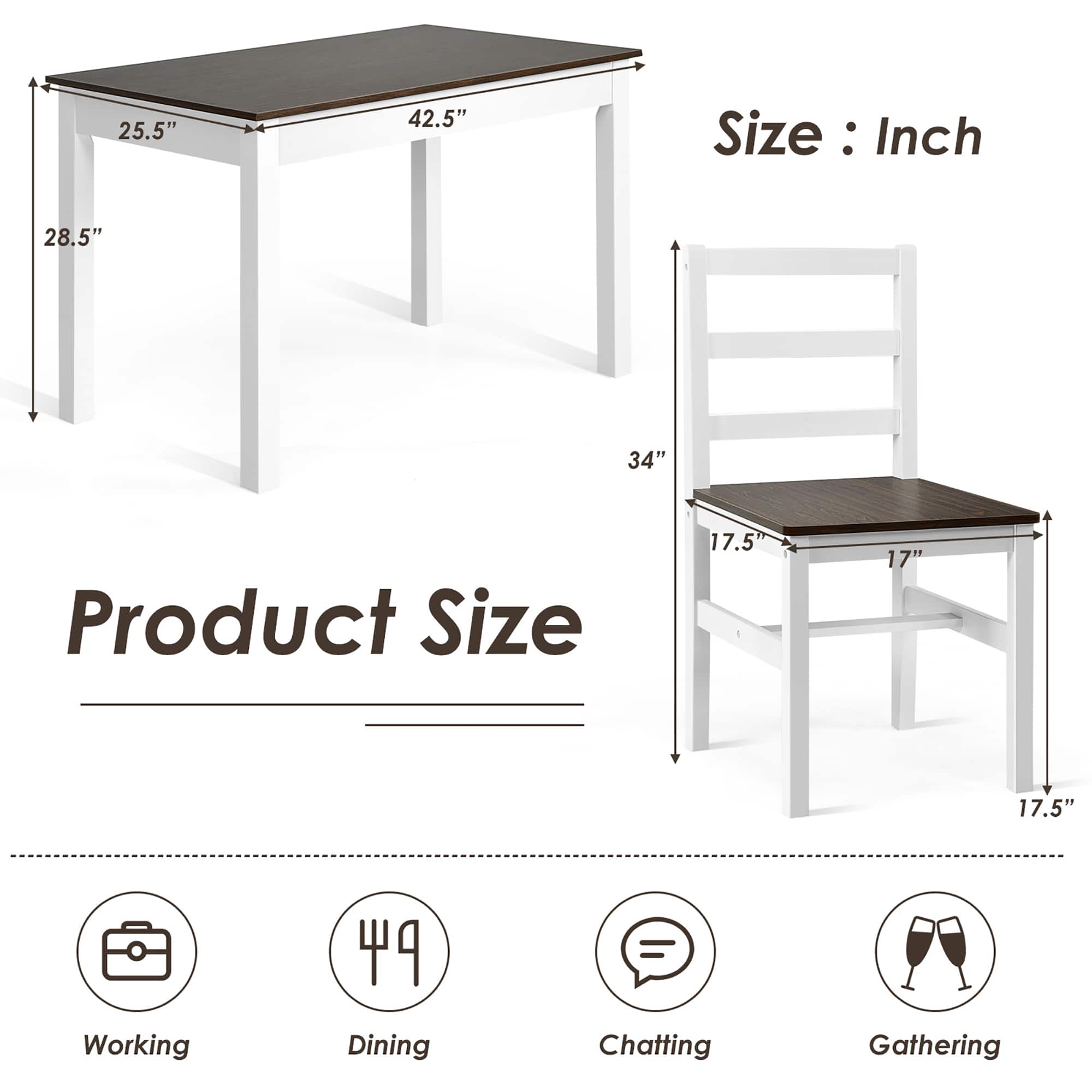 The text on the image is grouped and corrected as follows:
Product Size: 25.5" x 42.5"
Size: 28.5" x 34"
Working: 17.5"
Dining: 17"
Chatting: 17.5"
Gathering: 17.5"